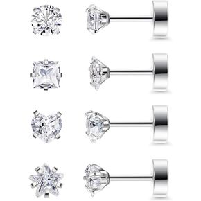 LOAYHOAY 4 Pairs 20G G23 Pure Titanium Stud Earrings for Women Men Helix Cartilage Stud Earring Cubic Zirconia Stud Earrings for Sensitive Ears Hypoallergenic Flat Back Stud Earrings Set 3mm/4mm/5mm