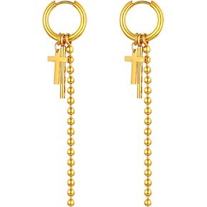 Stainless Steel Cross Tassel Dangle Earrings Hoops for Women Men, Beads Long Chain Hinged Piercing Hoops in Kuwait