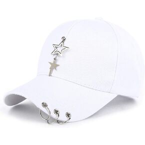 Unisex Black Fitted Cap, K-pop Cap, Baseball Cap with Ring Chain, Metallic Cap, Unique Cap, Cap with Star