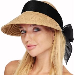 FURTALK Straw Sun Visor Hats for Women Summer Beach Sun Hat Packable UPF 50 Sun Protection Travel Hat with Big Tie