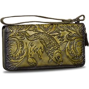 Genuine Leather Wallet Women's Zip Around Wristlet Long Purse Vintage Embossing Cowhide Capacity Handmade Clutch (Brown)