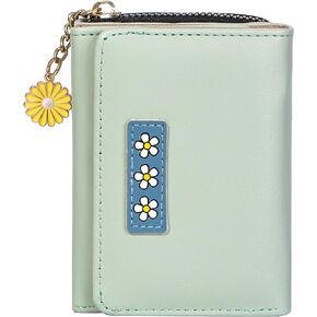 Small Wallet for Women, Fashion Girls Cute Tri-folded Wallet with Delicate Daisy Pendant, Flowers PU Leather Card Holder Women Coin Purse （Blue）
