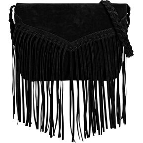 Suede Crossbody Bag with Fringe Vintage Tassel Purse Messenger Bag for Women Girls, Black