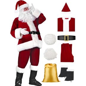 Santa Claus Costume For Men 9 PCS, Santa Suit 3 Sizes, Santa Costume Christmas