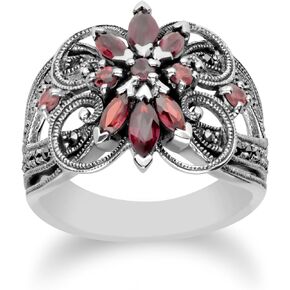 Gemondo USA 925 Sterling Silver Garnet & Marcasite Art Nouveau Ring Size 6, 7, 8, and 9
