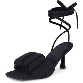 Coutgo Womens Kitten Low Heels Strappy Lace up Sandals Comfort Denim Square Open Toe Sexy Dressy Summer Party Sandals