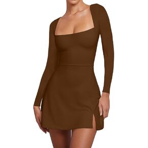BORIFLORS Women's Sexy Square Neck Bodycon Mini Long Sleeve Dress Slit Club Party Short Dresses
