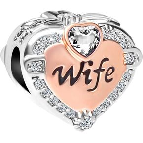 Wife Mom Heart Charm Compatible with Pandora Bracelets Family Rose Gold Love Bead CZ Gift Bead Necklace Pendant Anniversary Birthday