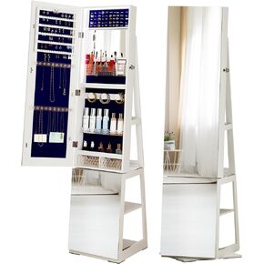 360° Swivel Jewelry Cabinet with Mirror Full-Length, Standing Mirror with Jewelry Storage Organizer, Jewelry Armoire with Mirror & Lights & 4-Tier Shelves, Gray