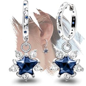 Blue Star Earrings for Women - Sterling Silver Hoop Huggie Earrings Hypoallergenic White Dark Blue Cubic Zirconia Star Moon Sun Earrings Jewelry Gifts for Teen Girls for Christmas