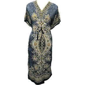 Long Kaftan Dress for Women 3/4 Sleeves Floral Caftan Kimono v-Neck Nightdress Loungwear Swimsuit Cover Up Beach Dress Maxi Dress for Women (Grey)