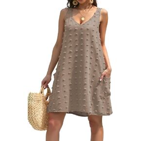 فساتين BEKOFO النسائية لتغطية الشاطئ، فستان صيفي كاجوال منقط سويسري برقبة على شكل حرف V مع جيوب in Kuwait