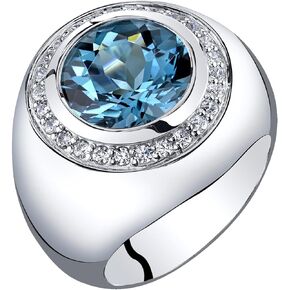 Peora Men's Genuine London Blue Topaz Signet Ring 925 Sterling Silver, Large 5.50 Carats Round Shape 11mm, Sizes 8 to 13