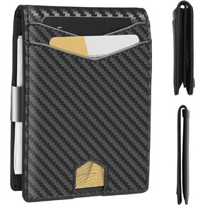 Slim Wallet for Men Carbon Fiber Money Clip RFID Blocking Bifold 2 in 1 Credit Card Holder for Men with Gift Box 2 ID Windows 10 Card Holders(Carbon Black)