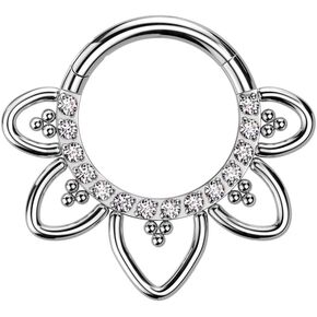 Pierced Owl 16GA F136 Implant Grade Titanium CZ Crystal Paved Heart Filigree Hinged Segment Ring