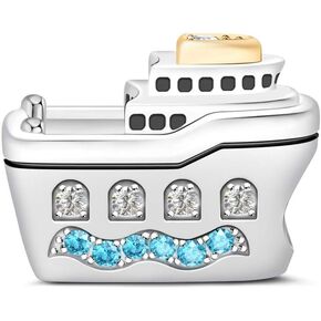 GNOCE Cruise Ship Charm Bead 925 Sterling Silver Guide Your Own Ship Charm with Aquamarine CZs Fit for Bracelet/Necklace Charm Gifts for Women Men