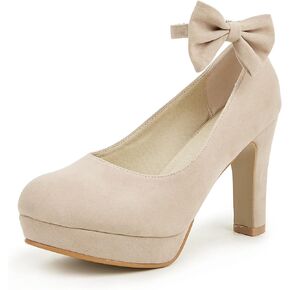 GATUXUS Women's Platform High Heel Dress Pumps Ankle Strap Bow Chunky Heels Shoes for Party Wedding Prom