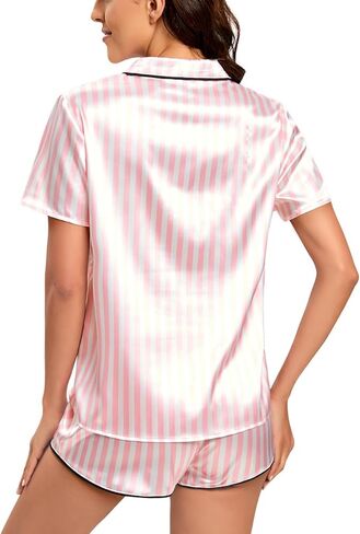 طقم بيجامة حريمي من الساتان بياقة على شكل حرف V وزر وأكمام قصيرة مع طقم شورت Pjs in Kuwait