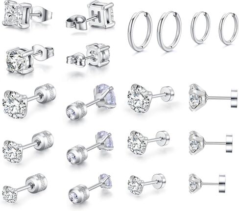 10 ازواج من الاقراط الفضية المصنوعة من الستانلس ستيل، مجموعة اقراط للرجال والنساء مع مرصعة بالزركونيا المكعب ومربع من الستانلس ستيل ومربع بحجر ابيض كريستالي in Kuwait