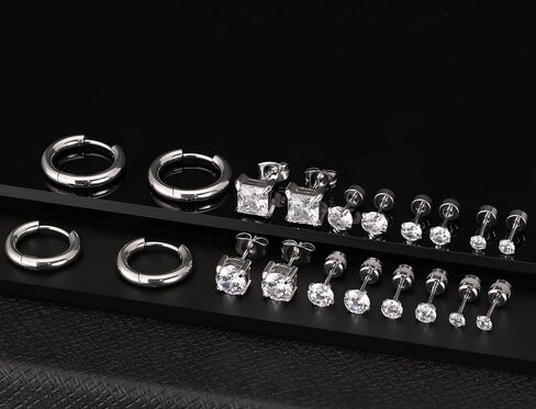 10 ازواج من الاقراط الفضية المصنوعة من الستانلس ستيل، مجموعة اقراط للرجال والنساء مع مرصعة بالزركونيا المكعب ومربع من الستانلس ستيل ومربع بحجر ابيض كريستالي in Kuwait