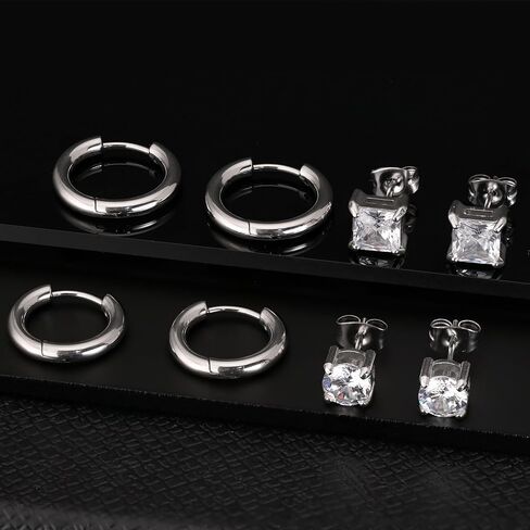 10 ازواج من الاقراط الفضية المصنوعة من الستانلس ستيل، مجموعة اقراط للرجال والنساء مع مرصعة بالزركونيا المكعب ومربع من الستانلس ستيل ومربع بحجر ابيض كريستالي in Kuwait
