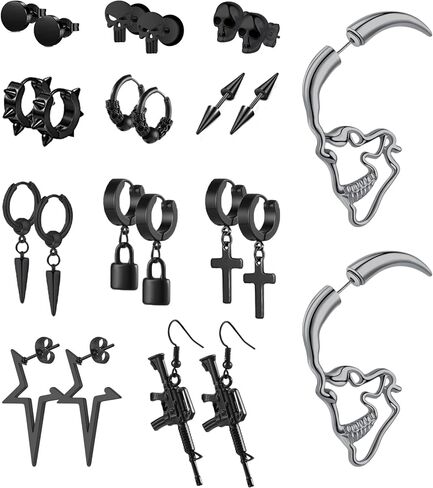 Masedy 12Pairs الفولاذ المقاوم للصدأ Y2K استرخى هوب أقراط للرجال الشرير ايمو القوطي وأقراط الصليب الجمجمة Huggie هوب طقم من الحلقان in Kuwait