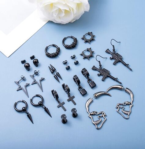 Masedy 12Pairs الفولاذ المقاوم للصدأ Y2K استرخى هوب أقراط للرجال الشرير ايمو القوطي وأقراط الصليب الجمجمة Huggie هوب طقم من الحلقان in Kuwait