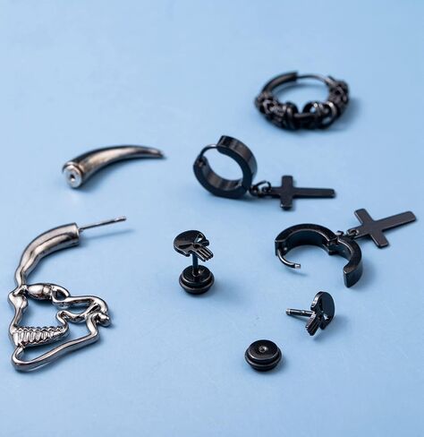 Masedy 12Pairs الفولاذ المقاوم للصدأ Y2K استرخى هوب أقراط للرجال الشرير ايمو القوطي وأقراط الصليب الجمجمة Huggie هوب طقم من الحلقان in Kuwait