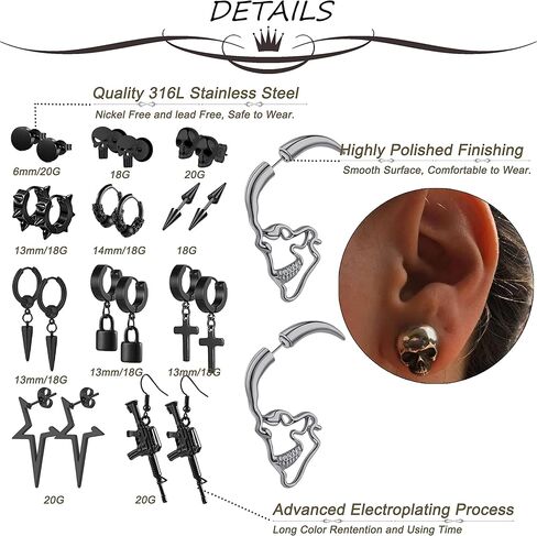Masedy 12Pairs الفولاذ المقاوم للصدأ Y2K استرخى هوب أقراط للرجال الشرير ايمو القوطي وأقراط الصليب الجمجمة Huggie هوب طقم من الحلقان in Kuwait