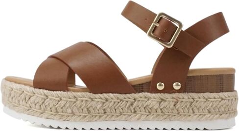 Soda “FIRELY" ~ Women Round Toe Crisscross Band Platform Espadrille Wedge Sandal with Adjustable Ankle Strap in Kuwait