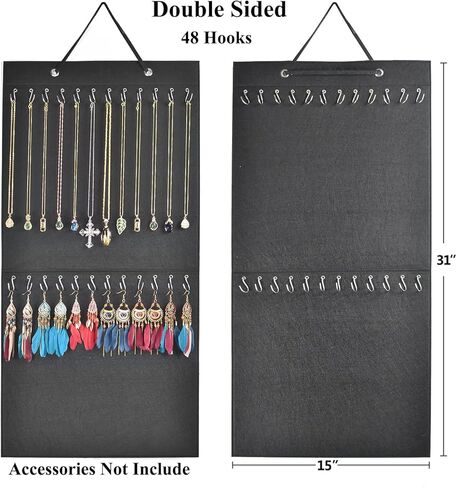 Necklace Holder,Hanging Necklace Jewelry Organizer,Double Side with 48 Anti-rust Hooks Wall Mounted Jewelry Display Organizer,Easy Storage for Necklace,Bracelet,Earring,Chain in Kuwait