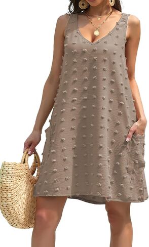 فساتين BEKOFO النسائية لتغطية الشاطئ، فستان صيفي كاجوال منقط سويسري برقبة على شكل حرف V مع جيوب in Kuwait