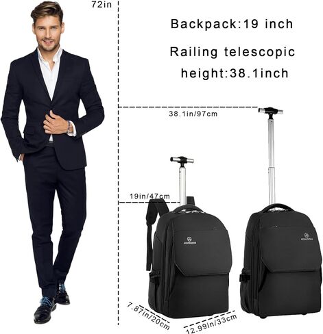 Hivexagon 19 inches Rolling Backpack Water Repellent Stylish Carry on Laptop Bag Durable Quiet Wheels Packable Straps for Travel and Business Black in Kuwait