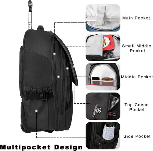 Hivexagon 19 inches Rolling Backpack Water Repellent Stylish Carry on Laptop Bag Durable Quiet Wheels Packable Straps for Travel and Business Black in Kuwait