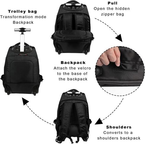 Hivexagon 19 inches Rolling Backpack Water Repellent Stylish Carry on Laptop Bag Durable Quiet Wheels Packable Straps for Travel and Business Black in Kuwait