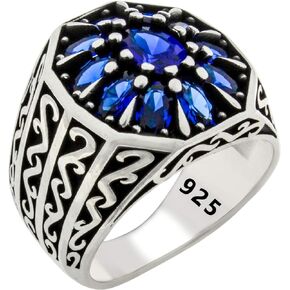 Solid 925 Sterling Silver Luxury Turkish Handmade with Simulated Blue Sapphire Stone Men's Ring