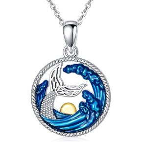 PROESS Wave Necklace Sterling Silver Trident Mermaid Palm Tree Necklace Beach Ocean Wave Pendant Necklace Sea jewelry Gifts for Women Men