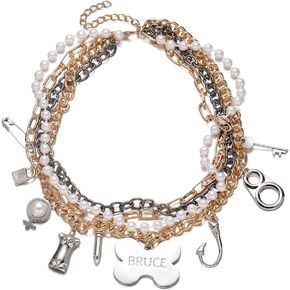 HANRESHE Cosplay Costume Accessories Gold Layered Chain Choker Multi Charm Pendant Pearl Chain Bruce Necklace for Women Girls Handmade Boho Jewelry