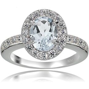 Ice Gems Sterling Silver Very Light Aquamarine and White Topaz Oval Halo Ring