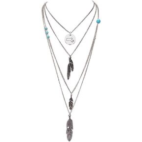 Boho Feather Pendant Necklace Turquoise Choker Necklace 3 Layered State Map Necklace Gift for Best Friends