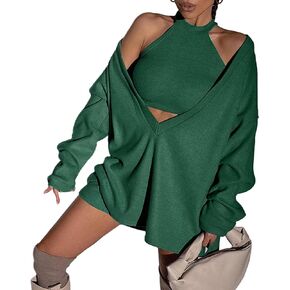 Women's Two Piece Outfits Knitted Halter Neck Crop Tank Top Oversized Off Shoulder Deep V Neck Pullover Sweater