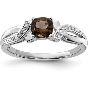 Solid 925 Sterling Silver Chocolate Brown Smoky Quartz and Diamond Engagement Ring (.015 cttw.)