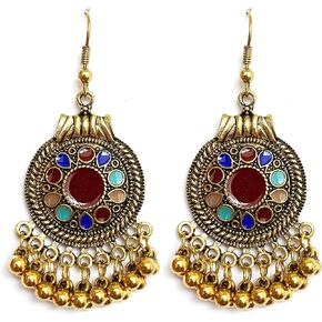 Handmade Bohemian Vintage Gold Bronze Round Flower Geometry Dangle Drop Earrings with Many Teardrop Pendant for Women Girls