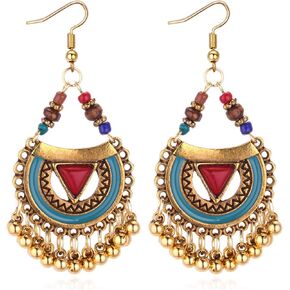 Handmade Bohemian Vintage Gold Bronze Round Flower Geometry Dangle Drop Earrings with Many Teardrop Pendant for Women Girls in Kuwait