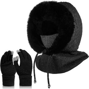 Winter Balaclava Hat Running Touch Screen Mittens Set Thermal Ski Bundle Face Mask and Gloves Knit Hooded Scarf Beanie for Women Outdoor Sport Black in Saudi Arabia