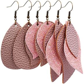 3Pairs/Pack Lightweight Layered Faux Leather Earrings Glitter Sequins Teardrop Dangle Earrings t for Women Winter Statement Jewelry