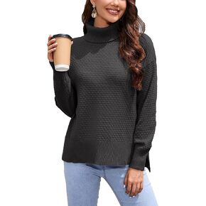 KOJOOIN Womens Turtleneck Oversized Sweaters Knit Asymmetric Sweater Long Sleeve Spilt Hem Pullover Tops