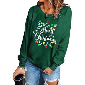 KOJOOIN Christmas Sweatshirt Merry Bright Christmas T-Shirt Long Sleeve Lightweight Holiday Pullover Tops