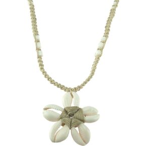 BlueRica Cowrie Shells Flower on Tan Cord Macrame Necklace with Puka Clam Shell Beads
