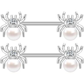 Niaspi 14G White Spider Nipple Rings for Women Surgical Steel Pearls CZ Insects Nipple Studs Piercing Barbell Nipplerings Dainty Body Piercing Jewelry
